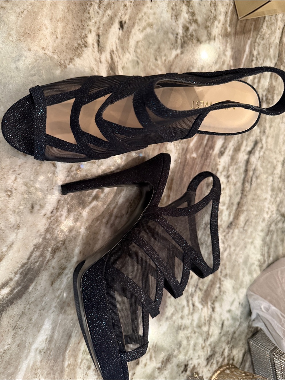 Nine West Black Mesh Glitter Strappy High Heels